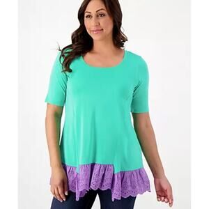 LOGO Lori Goldstein Cotton Modal Eyelet Hem Top Womens Small New Green Purple